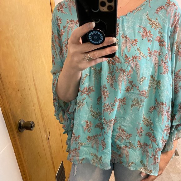 Sundance Wilde Aqua Chiffon Ruffle Loose Fit Boho Top Size Large - Picture 13 of 13